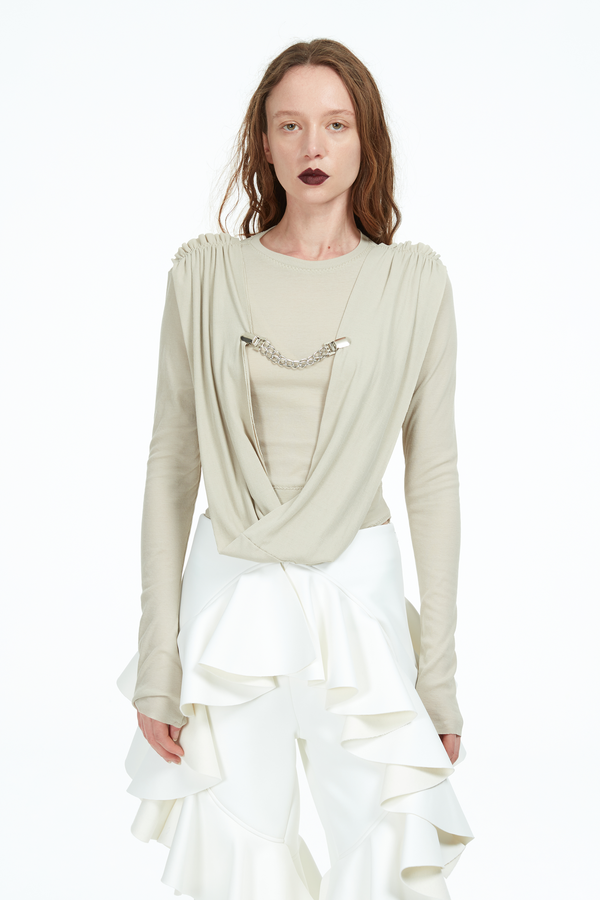 beige bodysuit with metal chain clasp