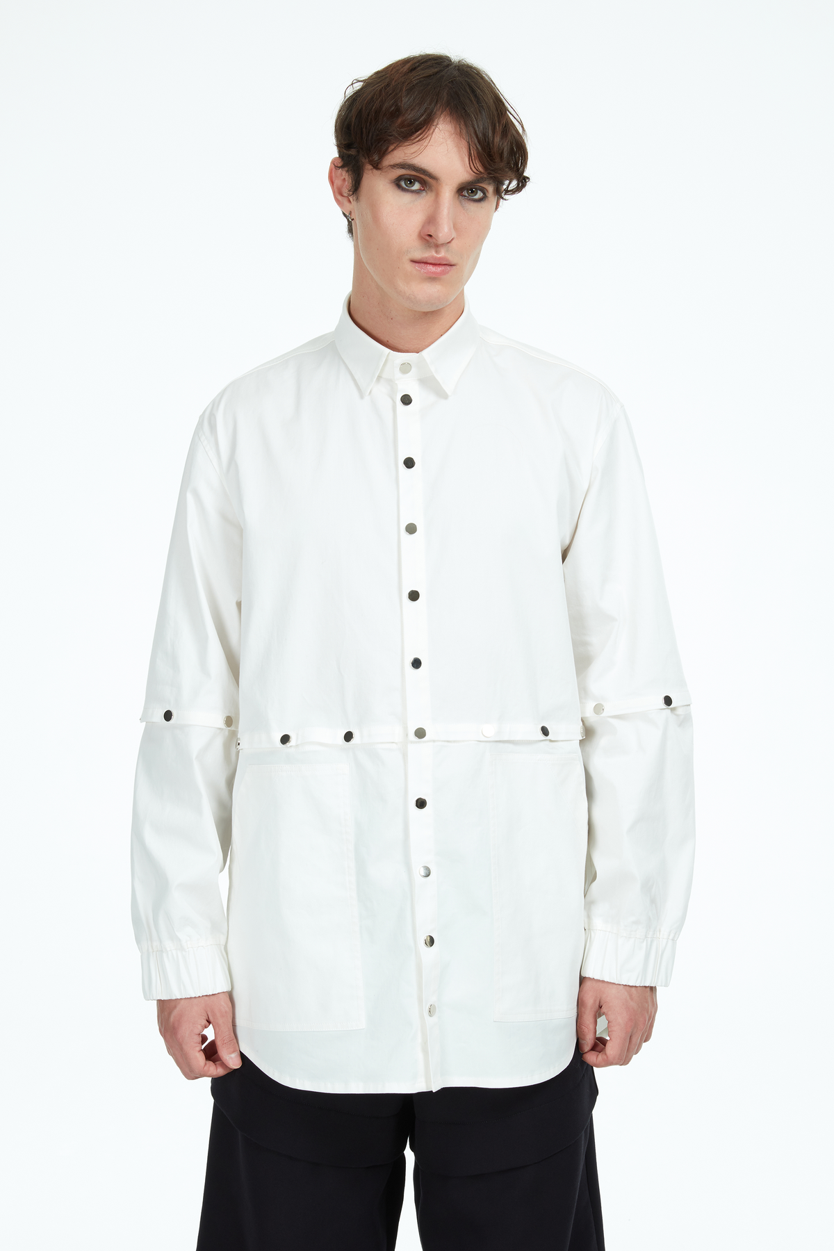 white shirt with silver snaps