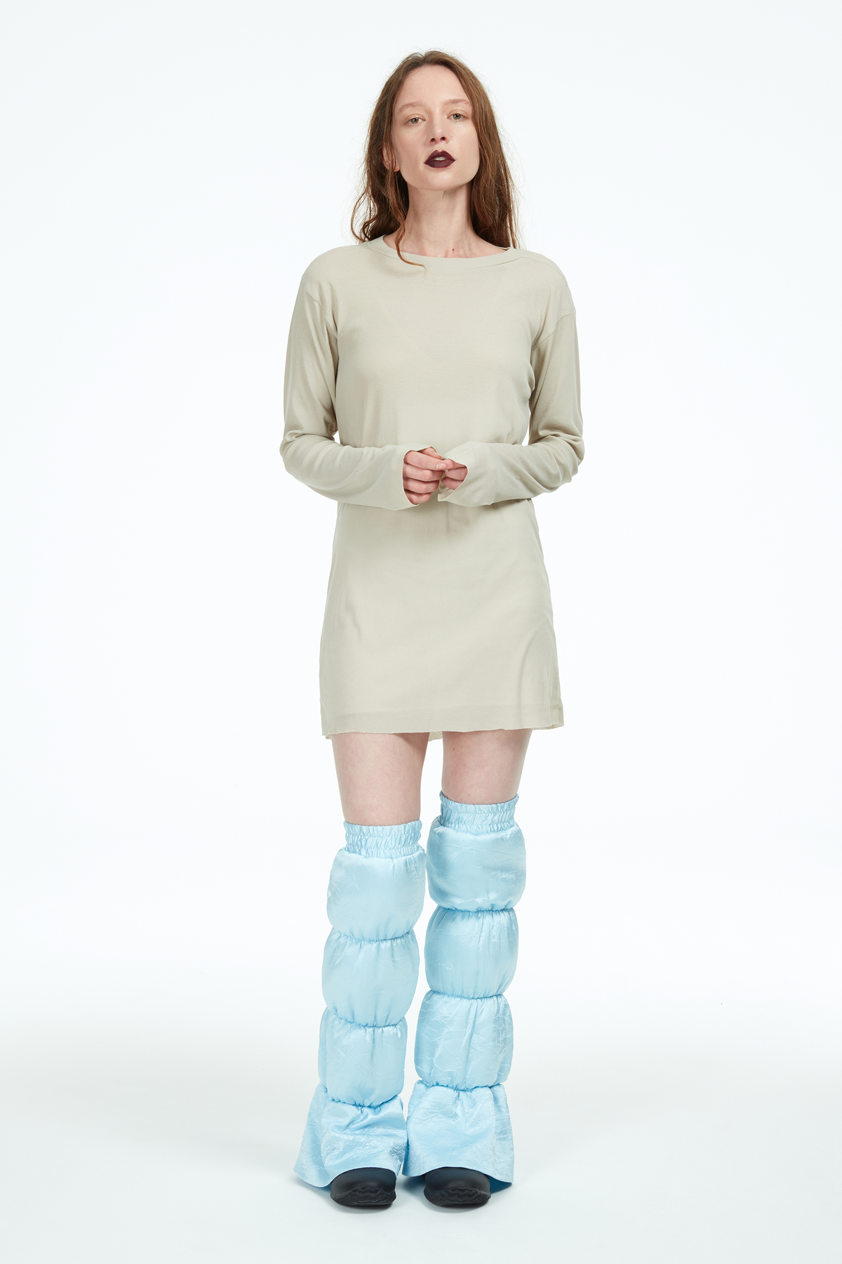 padded baby blue satin leg warmers
