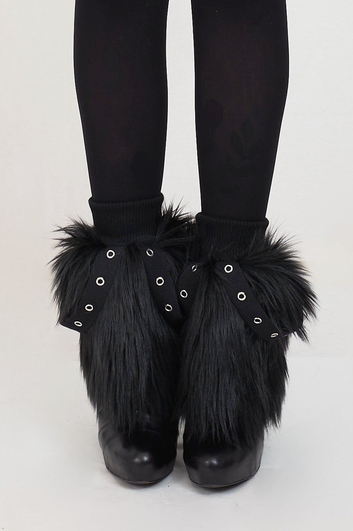 Black faux fur warmers with eyelets, goth emo aesthetic 