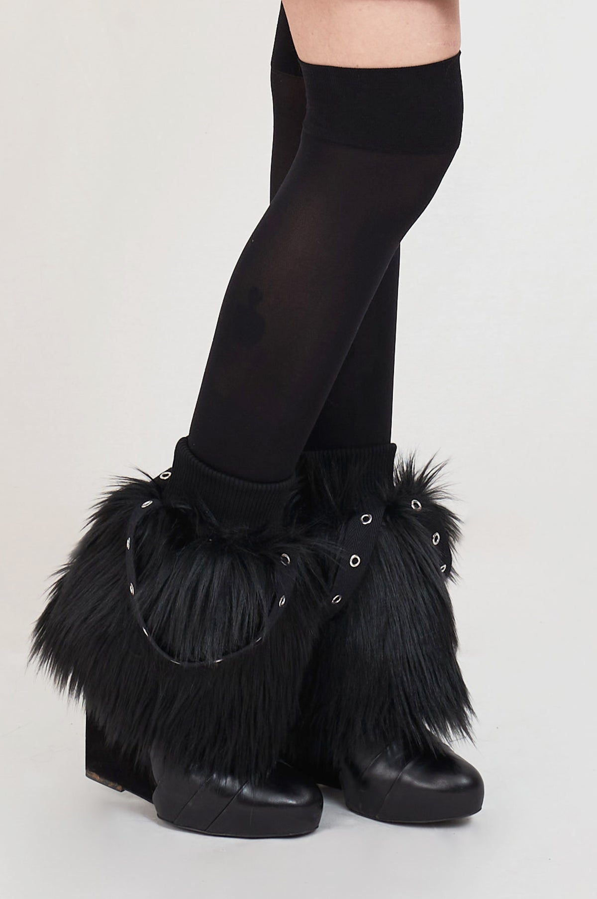 Black faux fur warmers with eyelets, goth emo aesthetic 