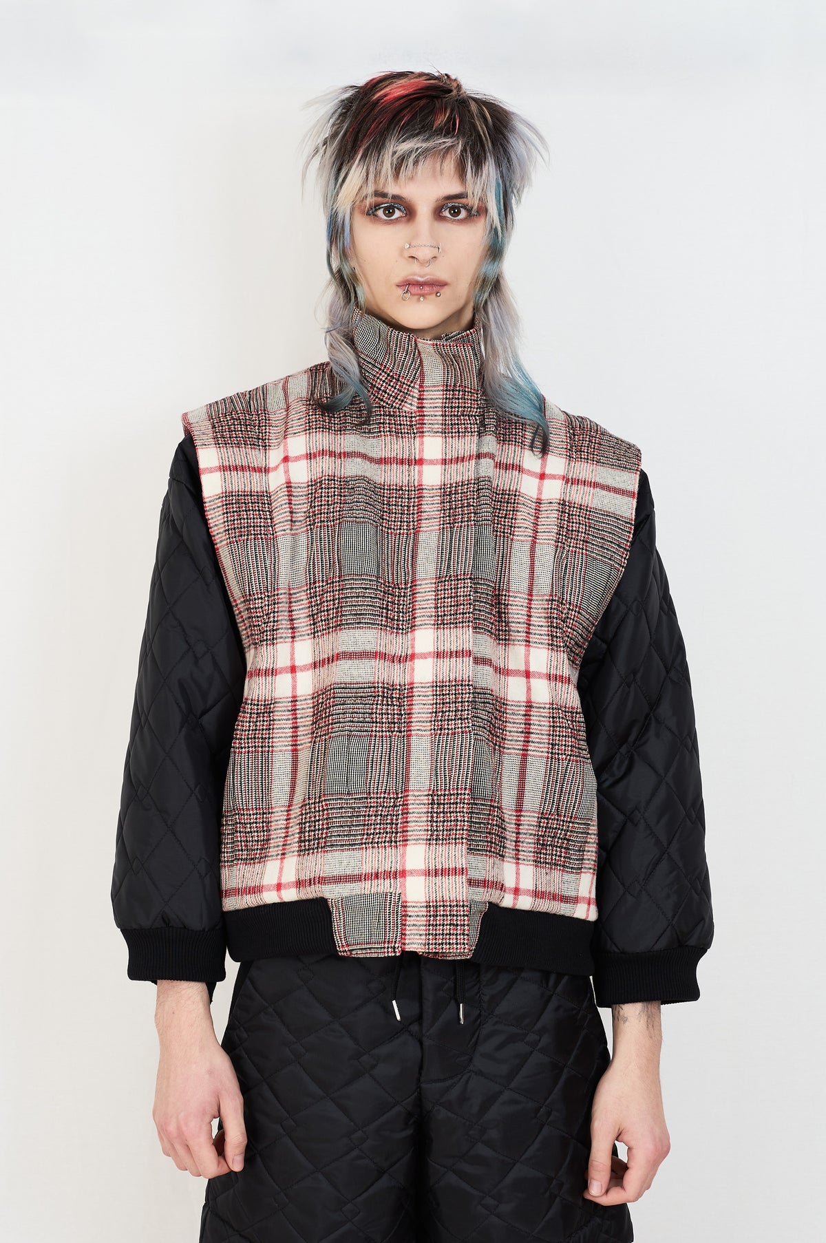 PLAID AND QUILTED BOMBER JACKET
