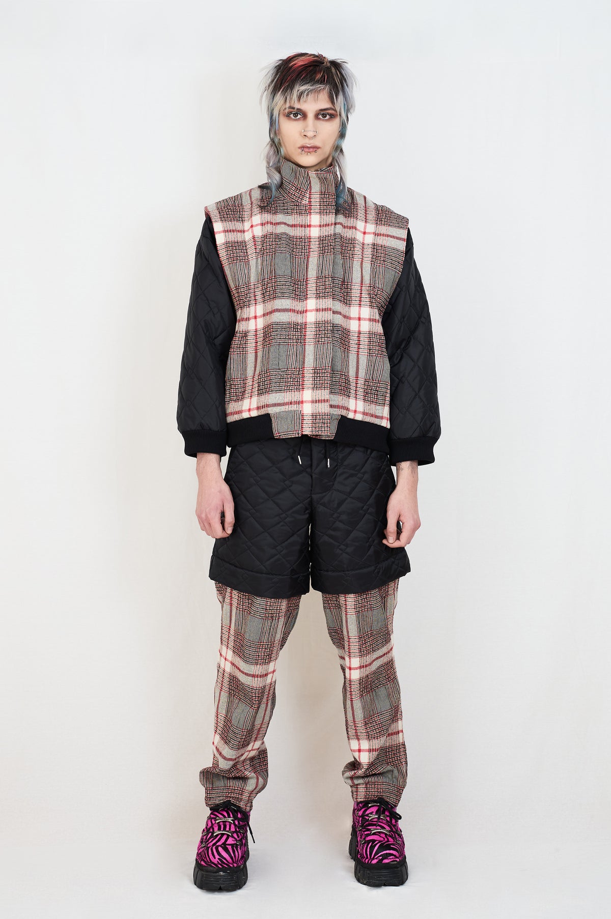 PLAID AND QUILTED TROUSERS