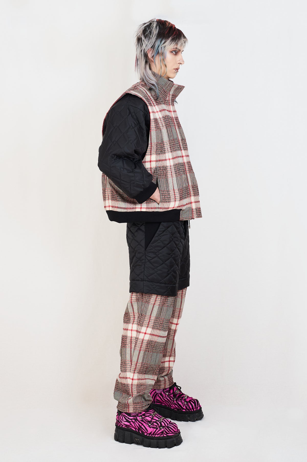 PLAID AND QUILTED BOMBER JACKET
