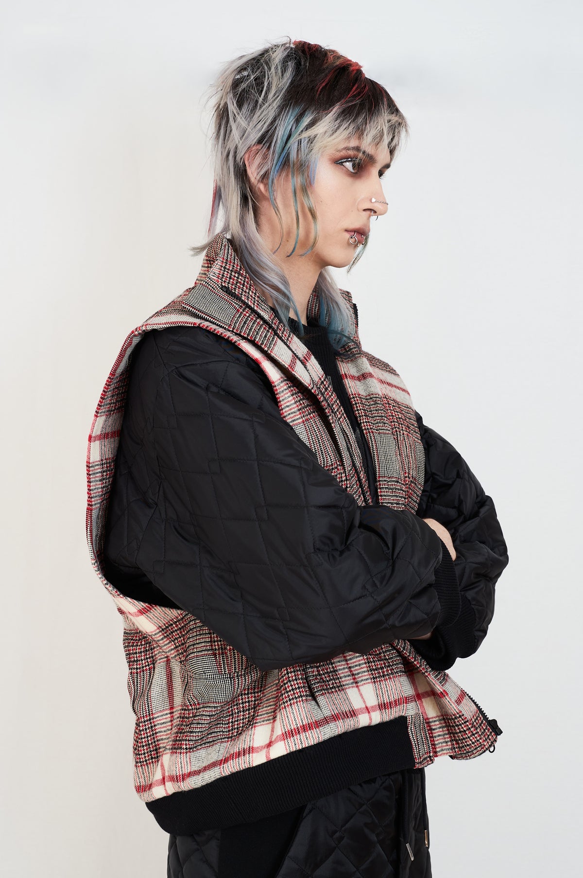PLAID AND QUILTED BOMBER JACKET