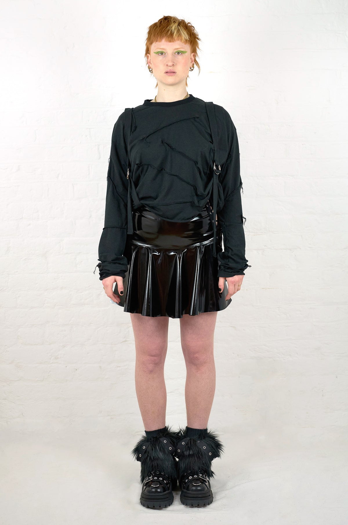 Black faux fur warmers with eyelets, goth emo aesthetic 